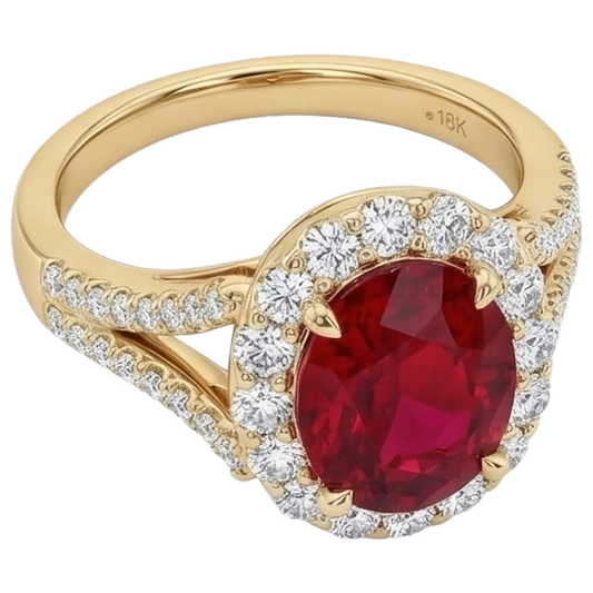 7.25 Carats Rubis Rouge Ovale Avec Diamant Naturels Extraits des Mines ( et non cultivés en laboratoire ) Alliance Or Jaune 14K
