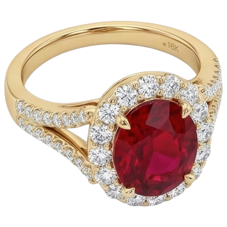 7.25 Carats Rubis Rouge Ovale Avec Diamant Naturels Extraits des Mines ( et non cultivés en laboratoire ) Alliance Or Jaune 14K