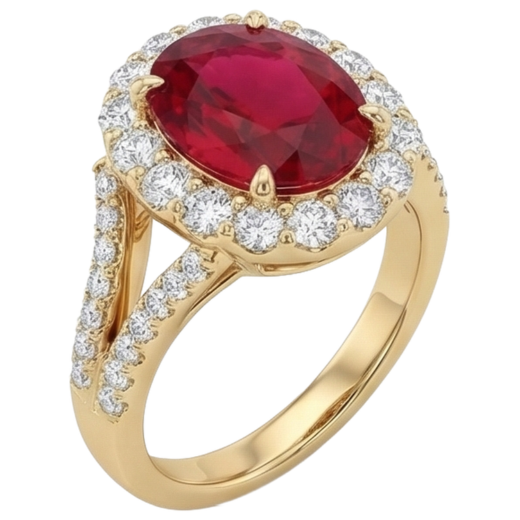 7.25 Carats Rubis Rouge Ovale Avec Diamant Naturels Extraits des Mines ( et non cultivés en laboratoire ) Alliance Or Jaune 14K