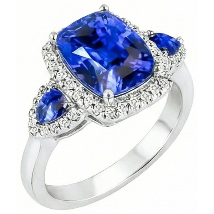 7.25 Ct Coussin Ceylan Saphir Et Diamants Naturels Extraits des Mines ( et non cultivés en laboratoire ) Bague Or Blanc 14K