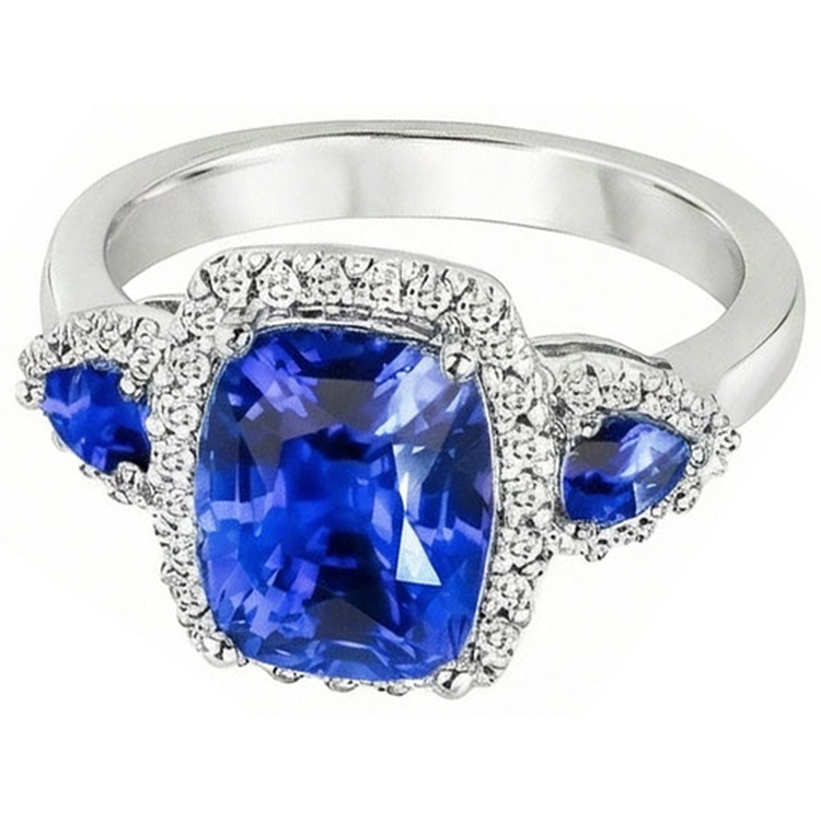 7.25 Ct Coussin Ceylan Saphir Et Diamants Naturels Extraits des Mines ( et non cultivés en laboratoire ) Bague Or Blanc 14K