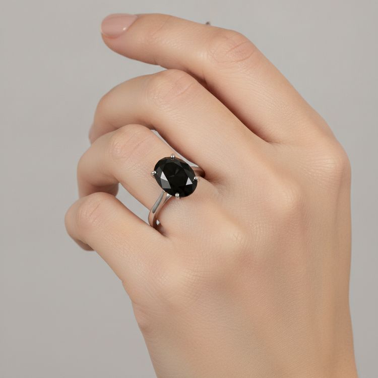 Bague de mariage solitaire ovale en diamant noir véritable 5 carats, anneau fil couteau, Or Blanc 14 carats