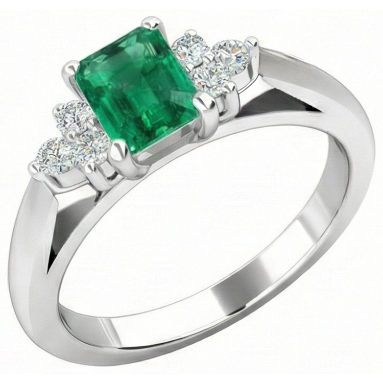 8.90 Carats Émeraude Verte Avec Diamants Naturels Extraits des Mines ( et non cultivés en laboratoire ) Blancs Bague Or Blanc 14K