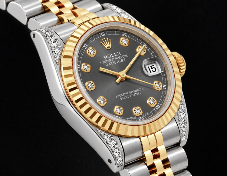 Montre Rolex Datejust 69173 26 mm Bicolore Cadran Diamants Gris Lunette Cannelée