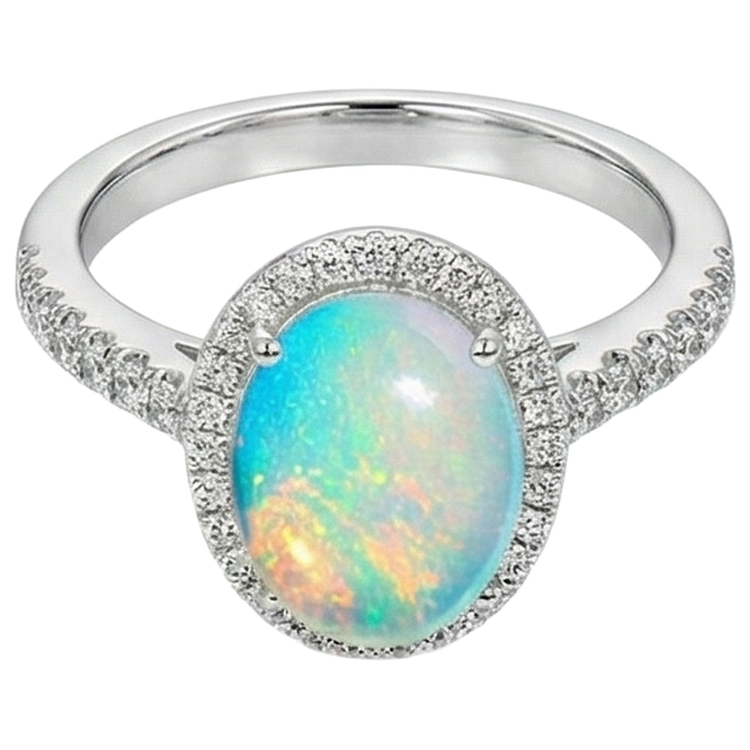 9.40 Ct Grosse Opale Et Diamants Naturels Extraits des Mines ( et non cultivés en laboratoire ) Bague Anniversaire Or Blanc 14K