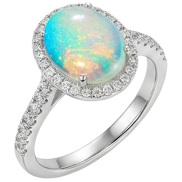 9.40 Ct Grosse Opale Et Diamants Naturels Extraits des Mines ( et non cultivés en laboratoire ) Bague Anniversaire Or Blanc 14K