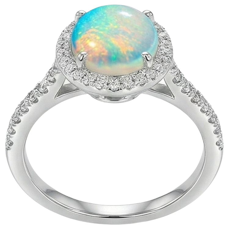 9.40 Ct Grosse Opale Et Diamants Naturels Extraits des Mines ( et non cultivés en laboratoire ) Bague Anniversaire Or Blanc 14K