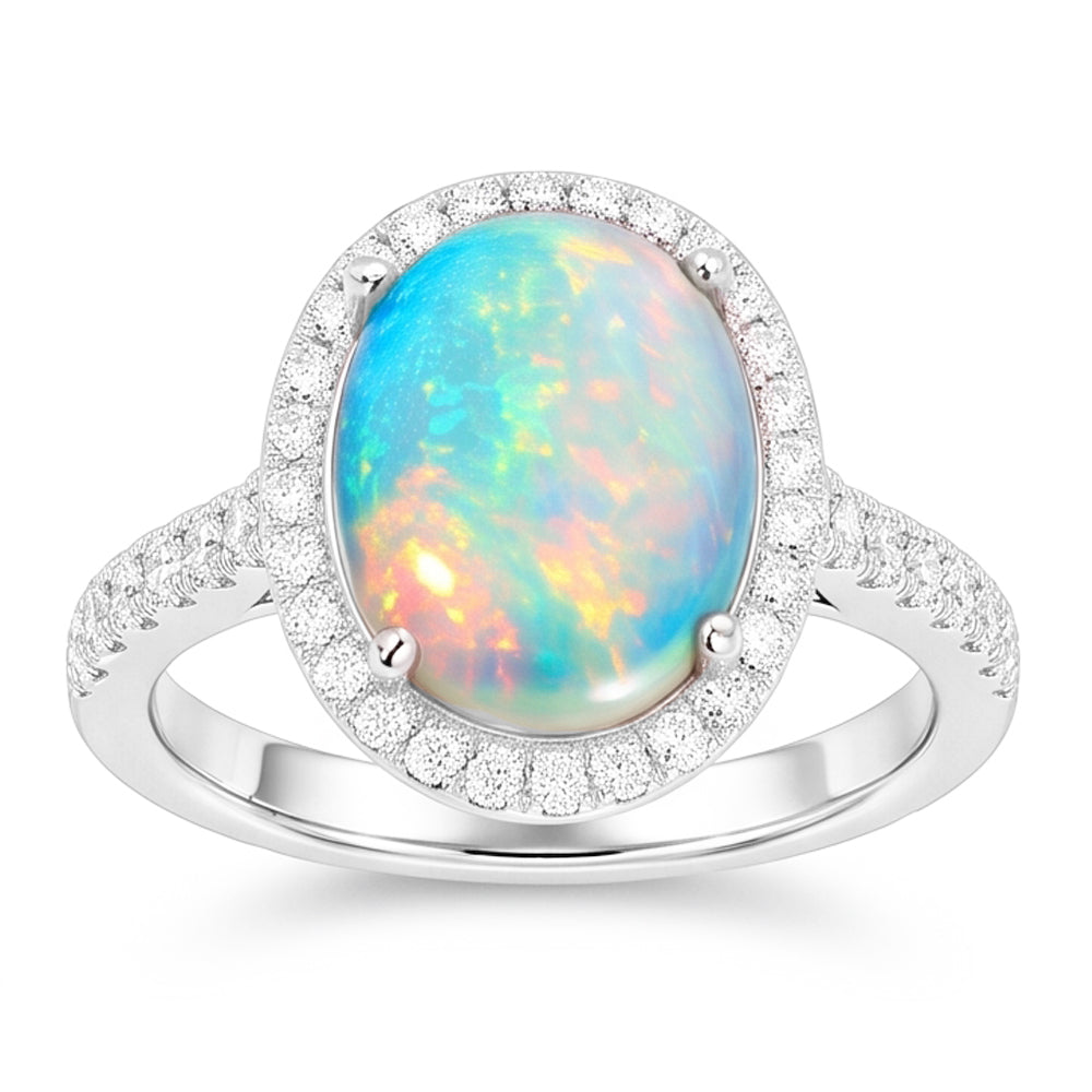 9.40 Ct Grosse Opale Et Diamants Naturels Extraits des Mines ( et non cultivés en laboratoire ) Bague Anniversaire Or Blanc 14K