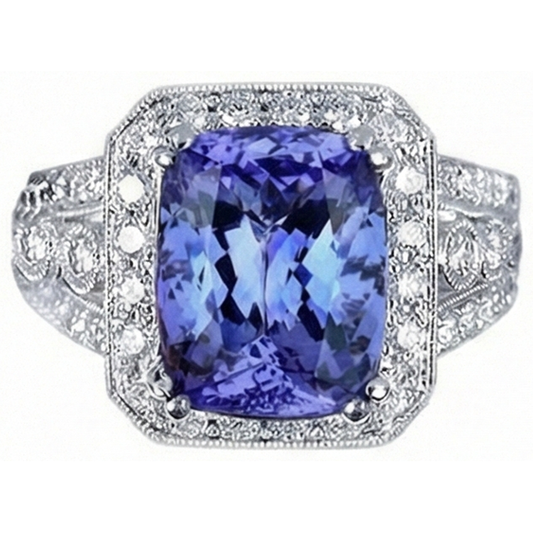 9.50 Carat Coussin Tanzanite Et Bague Diamants Naturels Extraits des Mines ( et non cultivés en laboratoire ) Ronds Style Vintage