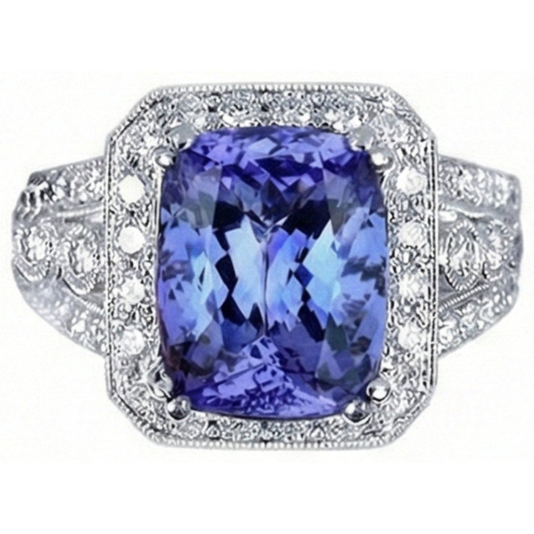 9.50 Carat Coussin Tanzanite Et Bague Diamants Naturels Extraits des Mines ( et non cultivés en laboratoire ) Ronds Style Vintage