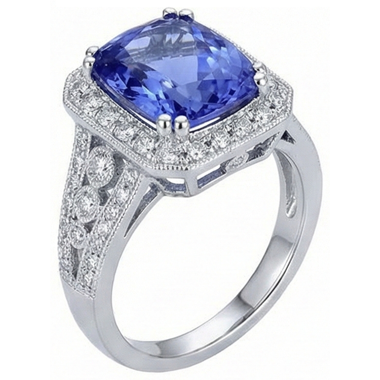 9.50 Carat Coussin Tanzanite Et Bague Diamants Naturels Extraits des Mines ( et non cultivés en laboratoire ) Ronds Style Vintage