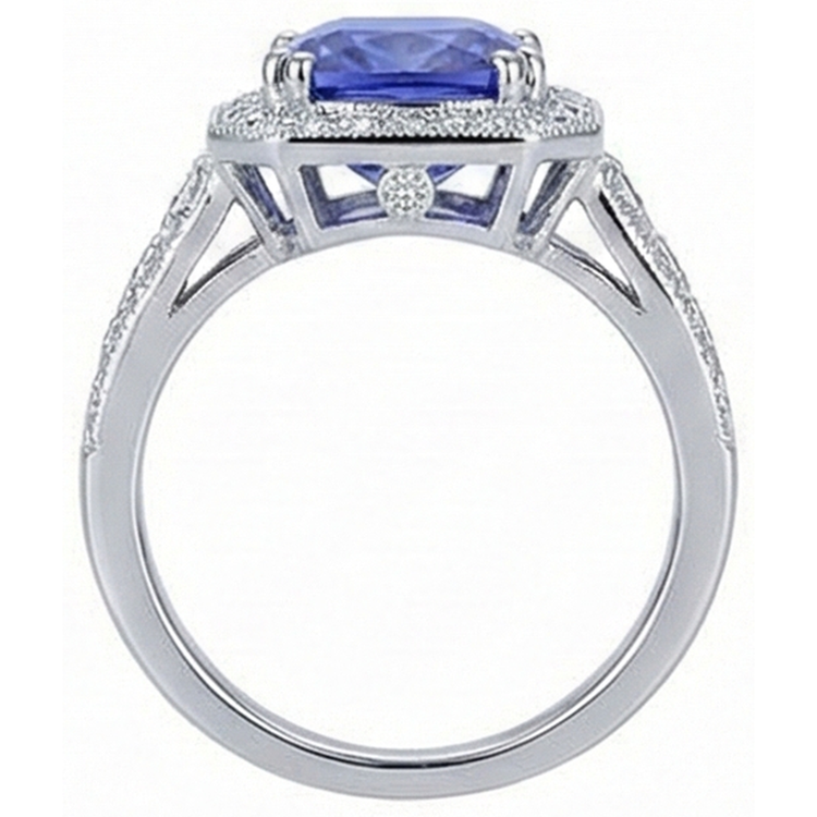 9.50 Carat Coussin Tanzanite Et Bague Diamants Naturels Extraits des Mines ( et non cultivés en laboratoire ) Ronds Style Vintage