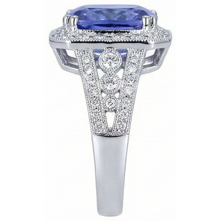 9.50 Carat Coussin Tanzanite Et Bague Diamants Naturels Extraits des Mines ( et non cultivés en laboratoire ) Ronds Style Vintage