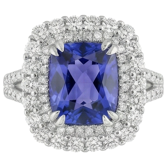 9.50 Ct Coussin Tanzanite Et Bague Diamant Or Blanc 14K