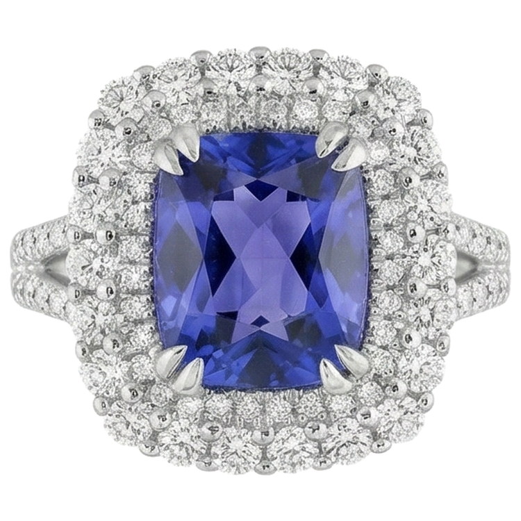 9.50 Ct Coussin Tanzanite Et Bague Diamant Or Blanc 14K
