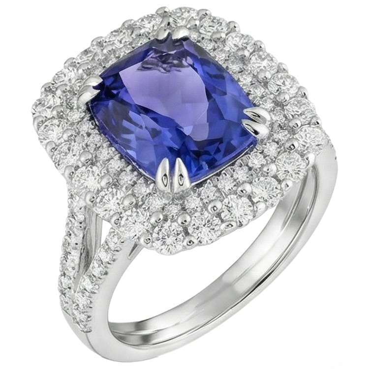 9.50 Ct Coussin Tanzanite Et Bague Diamant Or Blanc 14K
