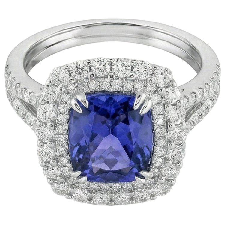 9.50 Ct Coussin Tanzanite Et Bague Diamant Or Blanc 14K