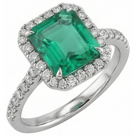 9.65 Ct Grosse Émeraude Verte Et Petits Diamants Naturels Extraits des Mines ( et non cultivés en laboratoire ) Bague De Mariage Or Blanc