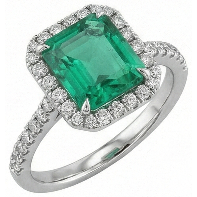 9.65 Ct Grosse Émeraude Verte Et Petits Diamants Naturels Extraits des Mines ( et non cultivés en laboratoire ) Bague De Mariage Or Blanc