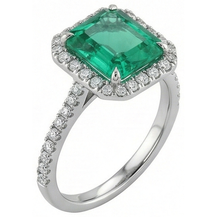 9.65 Ct Grosse Émeraude Verte Et Petits Diamants Naturels Extraits des Mines ( et non cultivés en laboratoire ) Bague De Mariage Or Blanc