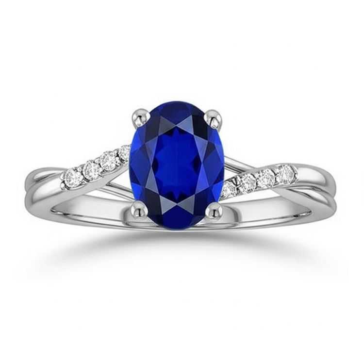 Alliance 3 Carats Sri Lanka Saphir Bleu Diamant Naturels Extraits des Mines ( et non cultivés en laboratoire ) Or Blanc 14K