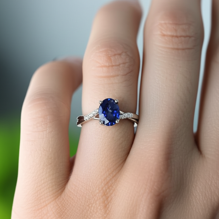 Alliance 3 Carats Sri Lanka Saphir Bleu Diamant Naturels Extraits des Mines ( et non cultivés en laboratoire ) Or Blanc 14K