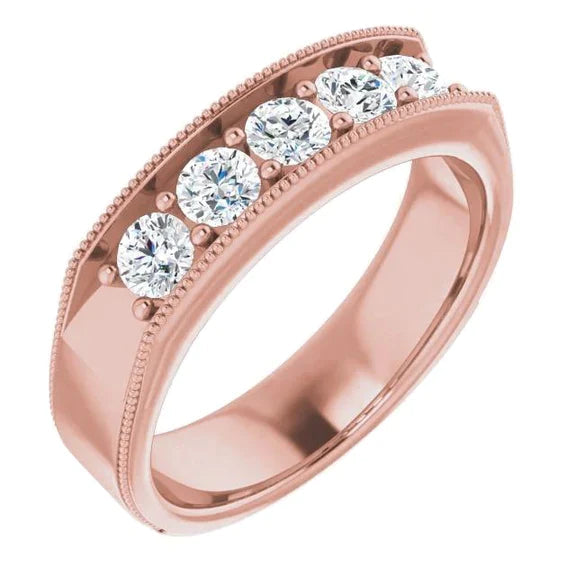 Alliance Confort Véritable Diamant 1 Ct Cinq Pierres Or Rose Millegrain Bijoux