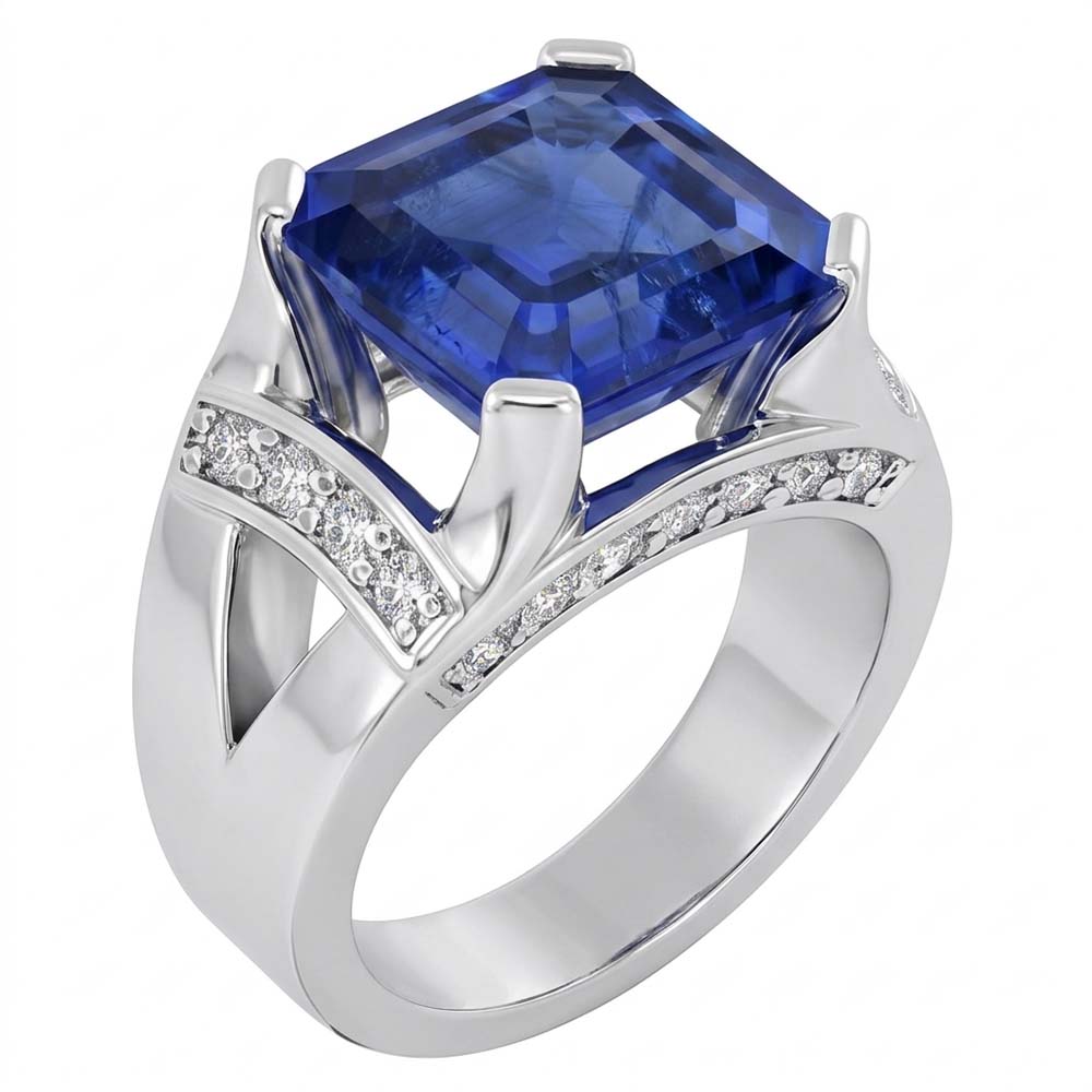Alliance Diamant Asscher Bleu Saphir Or V Split Tige 3 Carats