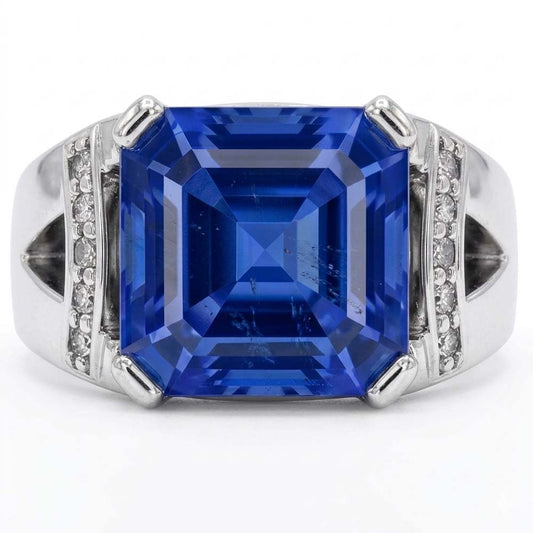 Alliance Diamant Asscher Bleu Saphir Or V Split Tige 3 Carats