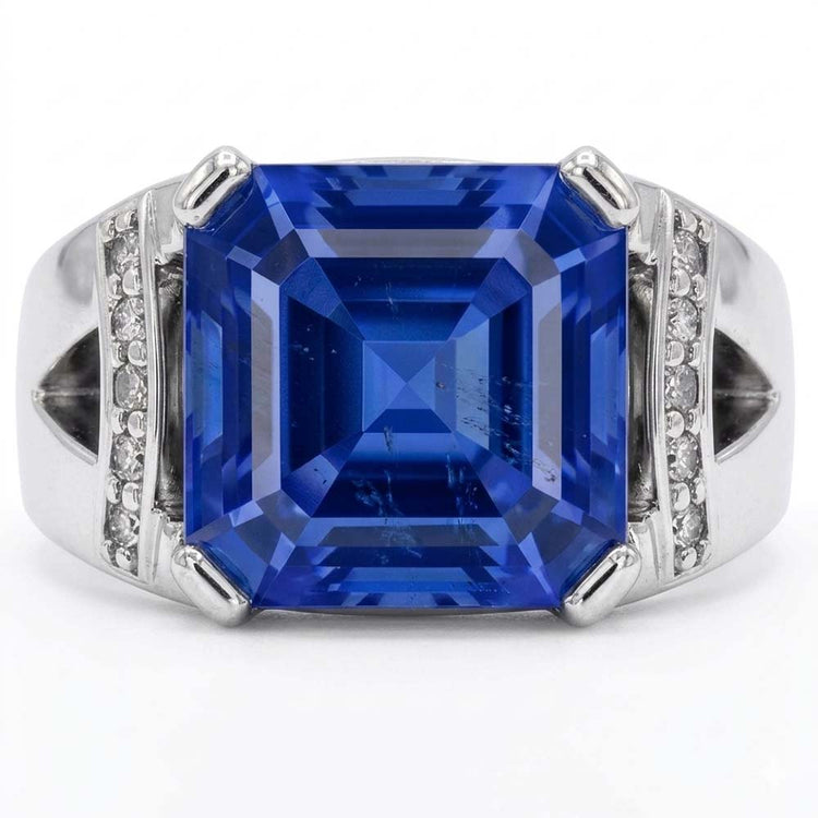 Alliance Diamant Asscher Bleu Saphir Or V Split Tige 3 Carats