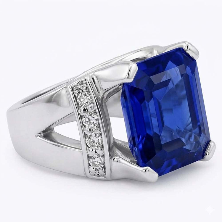 Alliance Diamant Asscher Bleu Saphir Or V Split Tige 3 Carats