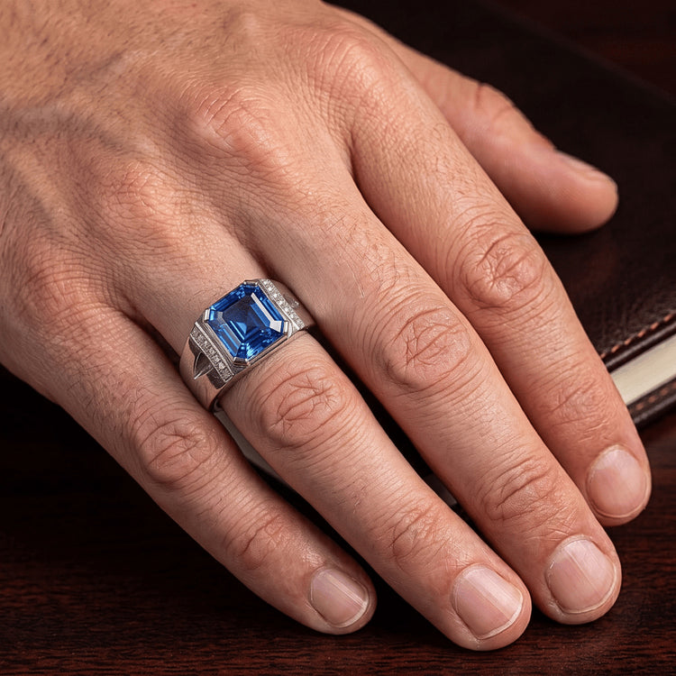 Alliance Diamant Asscher Bleu Saphir Or V Split Tige 3 Carats