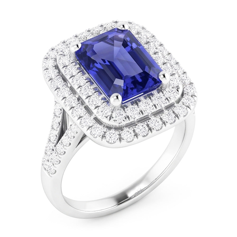 Alliance Double Halo Saphir Bleu émeraude & Diamants 4 Carats
