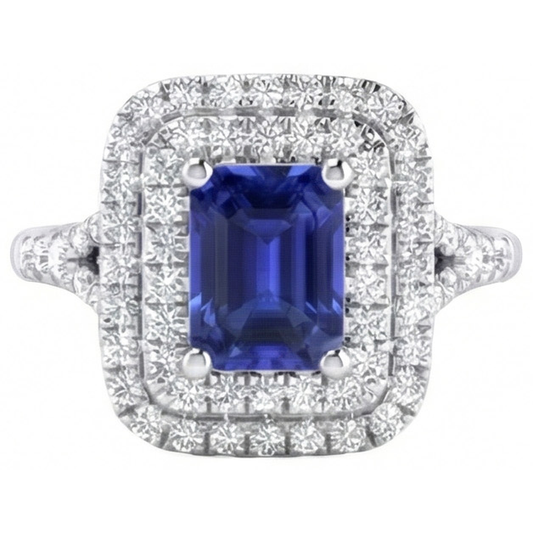 Alliance Double Halo Saphir Bleu émeraude & Diamants 4 Carats