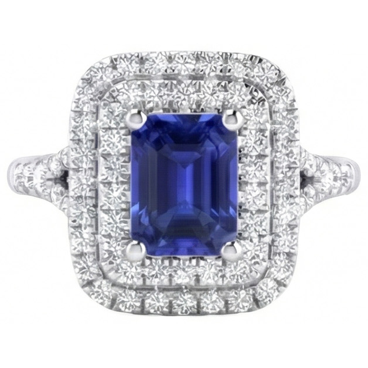 Alliance Double Halo Saphir Bleu émeraude & Diamants 4 Carats