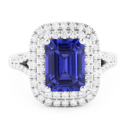 Alliance Double Halo Saphir Bleu émeraude & Diamants 4 Carats