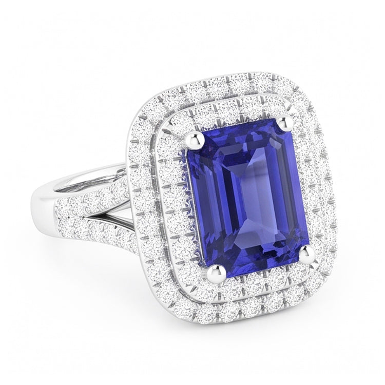 Alliance Double Halo Saphir Bleu émeraude & Diamants 4 Carats
