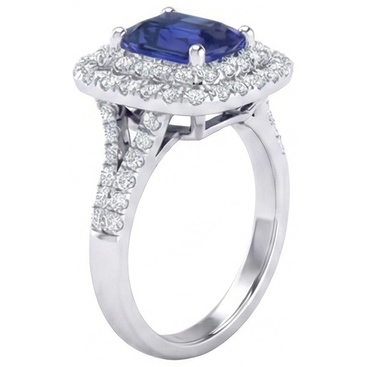 Alliance Double Halo Saphir Bleu émeraude & Diamants 4 Carats