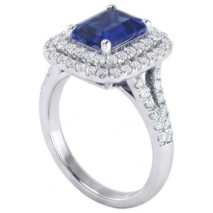 Alliance Double Halo Saphir Bleu émeraude & Diamants 4 Carats