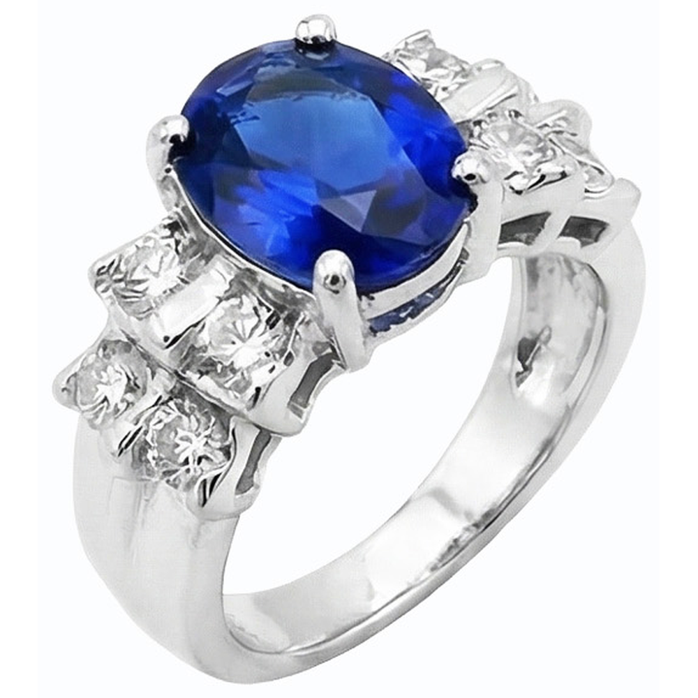 Alliance Femme Saphir Bleu Ovale 2.50 Carats Barre Serti Diamants