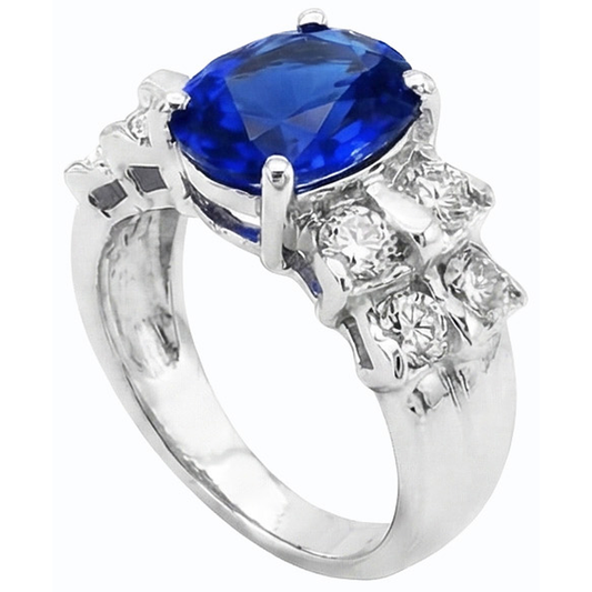 Alliance Femme Saphir Bleu Ovale 2.50 Carats Barre Serti Diamants