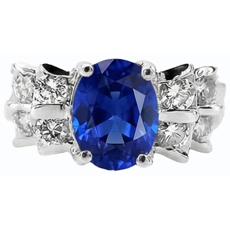 Alliance Femme Saphir Bleu Ovale 2.50 Carats Barre Serti Diamants