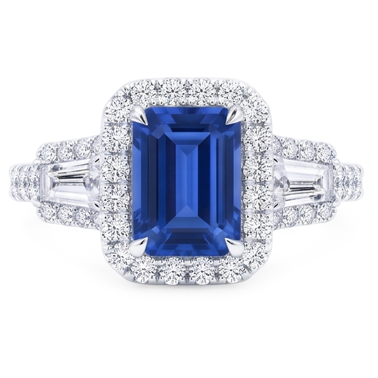Alliance Halo Emeraude Saphir Bleu Baguette Diamants 3.50 Carats