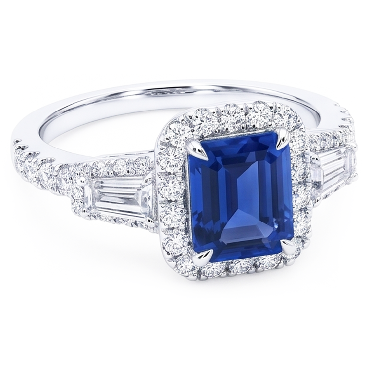 Alliance Halo Emeraude Saphir Bleu Baguette Diamants 3.50 Carats