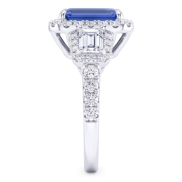 Alliance Halo Emeraude Saphir Bleu Baguette Diamants 3.50 Carats