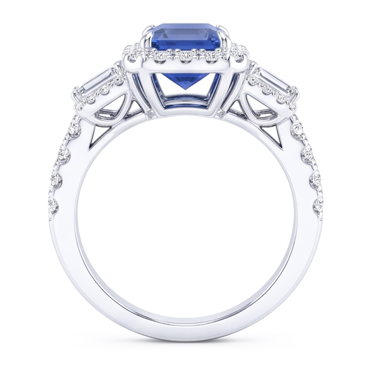 Alliance Halo Emeraude Saphir Bleu Baguette Diamants 3.50 Carats