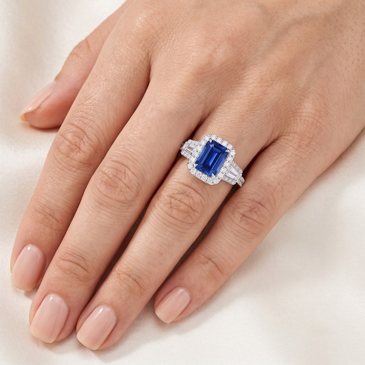 Alliance Halo Emeraude Saphir Bleu Baguette Diamants 3.50 Carats