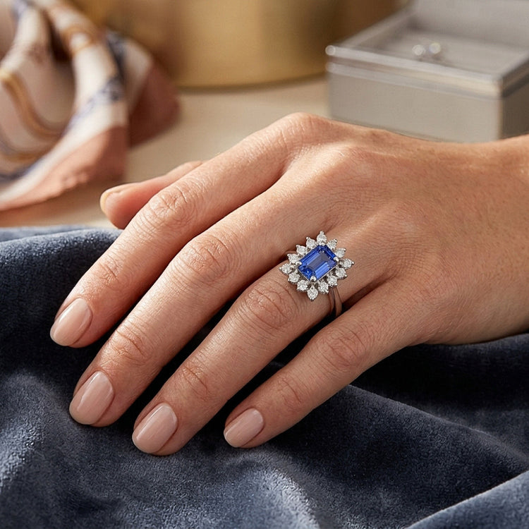 Alliance Halo Saphir Bleu Emeraude 2.50 Carats Style Fleur