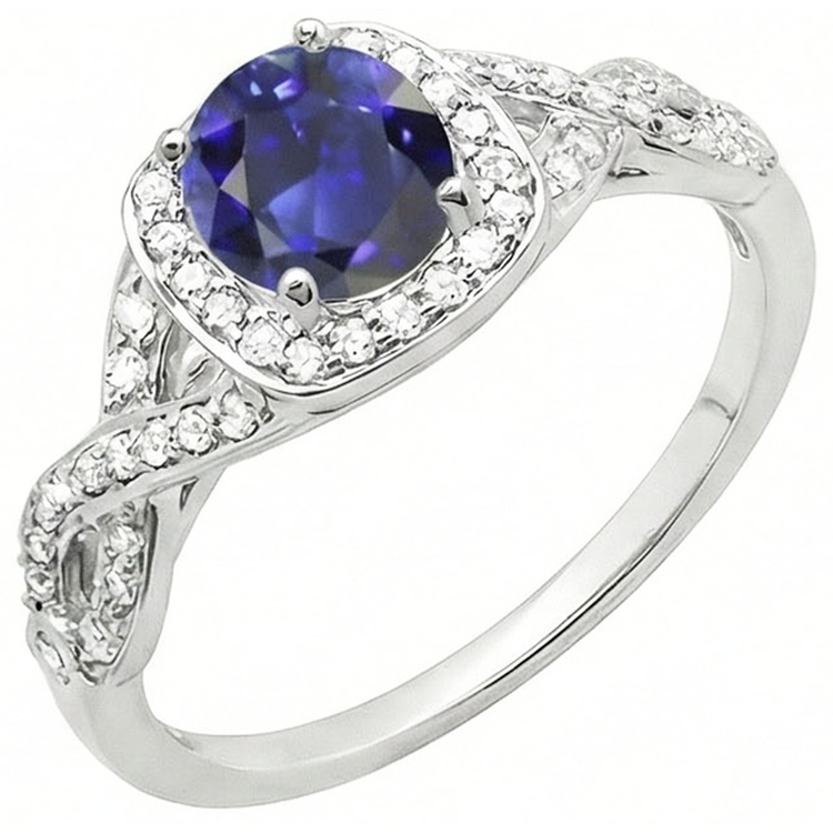 Alliance Halo Saphir Rond Tige Torsadée Diamants 2.50 Carats