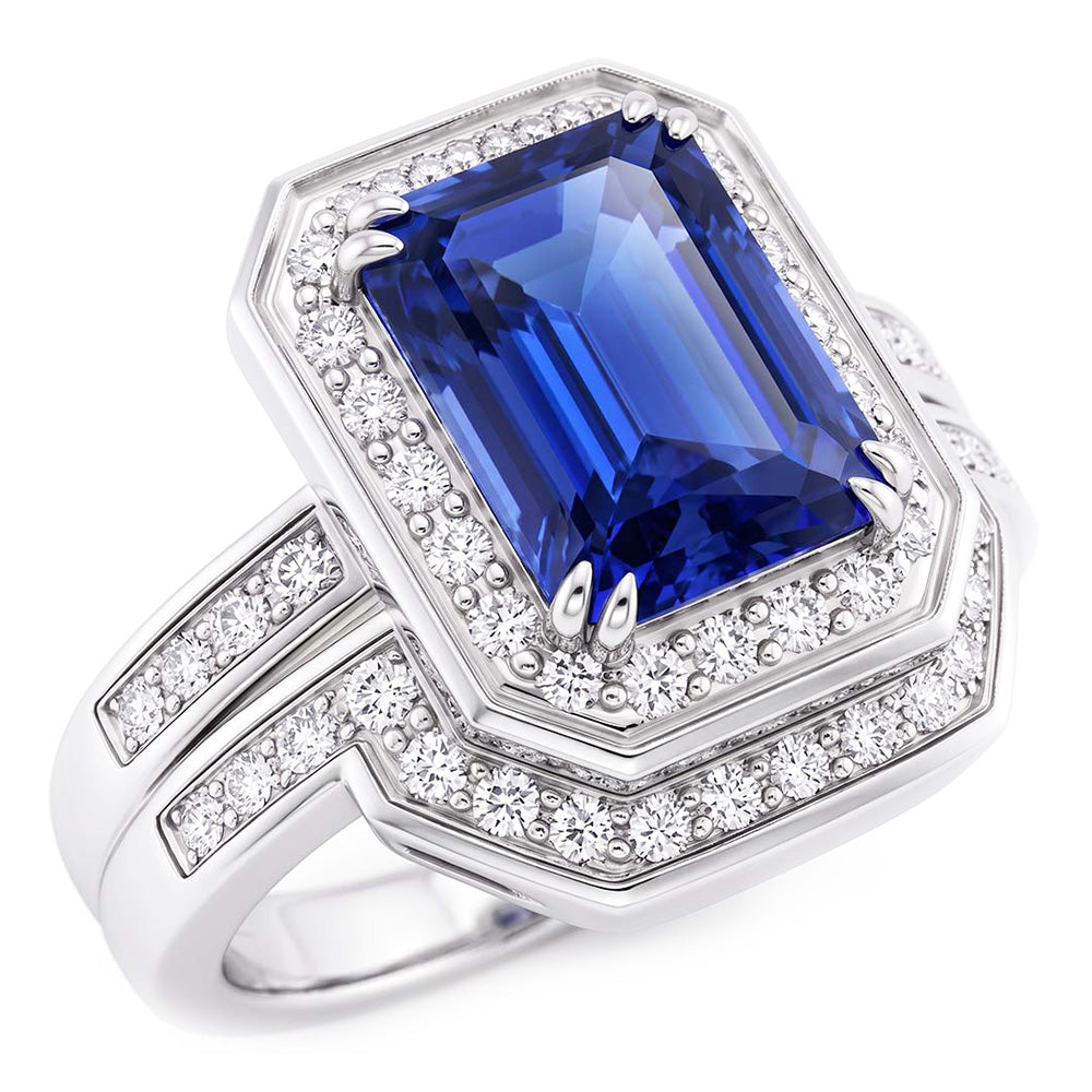 Alliance Halo émeraude Saphir sertie Or Blanc Diamants 4.50 Carats